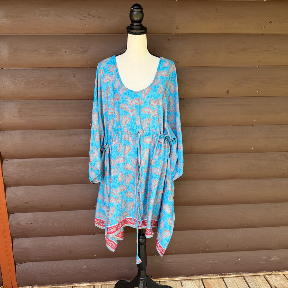 Darn Good Yarn Kaftan Dress Size L Turquoise Blue Recycled Silk Leaf Print Boho